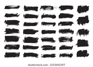 Collection of ink brush strokes. Set of vector grunge brushes featuring dirty textures for banners, boxes, frames, and design elements. Painted objects isolated on a white background