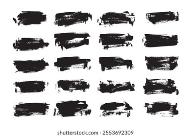 Collection of ink brush strokes. Set of vector grunge brushes featuring dirty textures for banners, boxes, frames, and design elements. Painted objects isolated on a white background