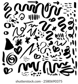Collection of ink Brush Strokes. Set of vector Grunge Brushes. Dirty textures of banners, boxes, frames and design elements. Painted objects Isolated on white background