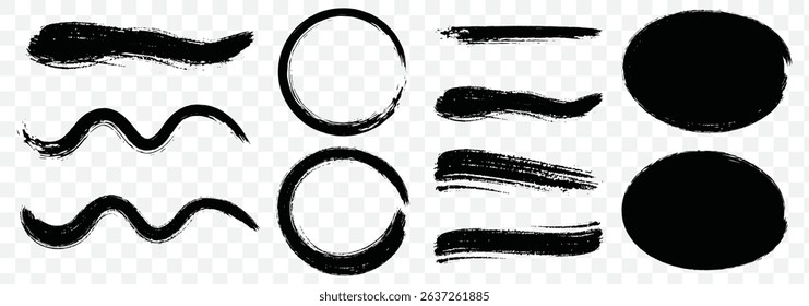 Collection of ink Brush Strokes. Set of vector Grunge Brushes. Dirty textures of banners, frames and design elements. Painted objects Isolated on Transparent background. EPS 10.