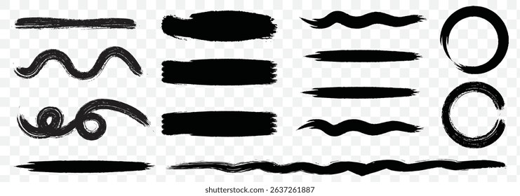 Collection of ink Brush Strokes. Set of vector Grunge Brushes. Dirty textures of banners, frames and design elements. Painted objects Isolated on Transparent background. EPS 10.