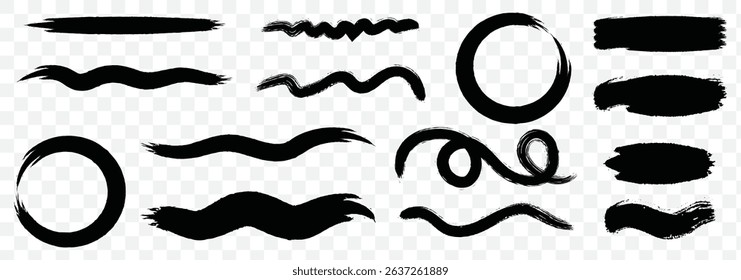 Collection of ink Brush Strokes. Set of vector Grunge Brushes. Dirty textures of banners, frames and design elements. Painted objects Isolated on Transparent background. EPS 10.