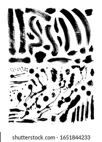 Colección de pinceles de tinta y manchas. Conjunto de pinceles de Grunge vectoriales. Texturas sucias de banners, cajas, marcos y elementos de diseño. Objetos pintados Aislados sobre fondo blanco