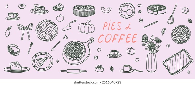 Collection of ink or charcoal hand drawn fruit, meat, pumpkin and berry baking vector illustration. Vintage set of traditional cake, tart and pie top view in sketch doodle style. Sweet bakery desserts