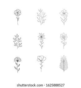 Collection Of Ink Flowers With Stems. Leaves And Floral Elements For Wedding Invite. Vector Illustration.