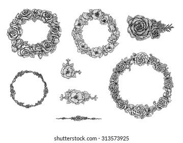 Collection of ink hand drawn round floral frames and stylized vintage design elements. Vector artwork.
