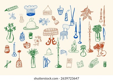 collection of ink hand-drawn decor illustrations, perfect for menus, packaging, cafe and restaurant branding, interior design, or printed materials. Vector illustration