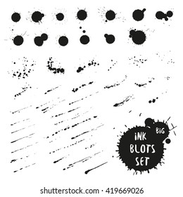 Collection of ink spatter blots, hand made with black indian ink. Black expressive blots vector illustration.