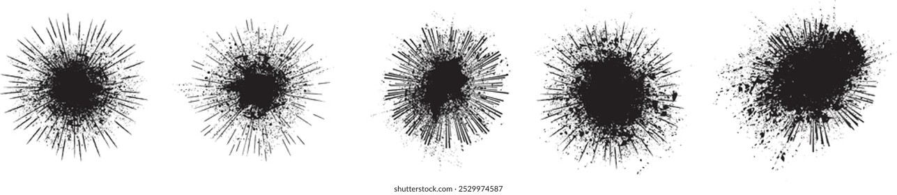 Coleção de respingos de tinta para o efeito de explosão. Conjunto de efeito de pintura de spray preto. fundo de explosão de fogos de artifício. Explosão estelar. Pulveriza as pinturas. Efeito de explosão solar .Linhas radiais e partículas granuladas