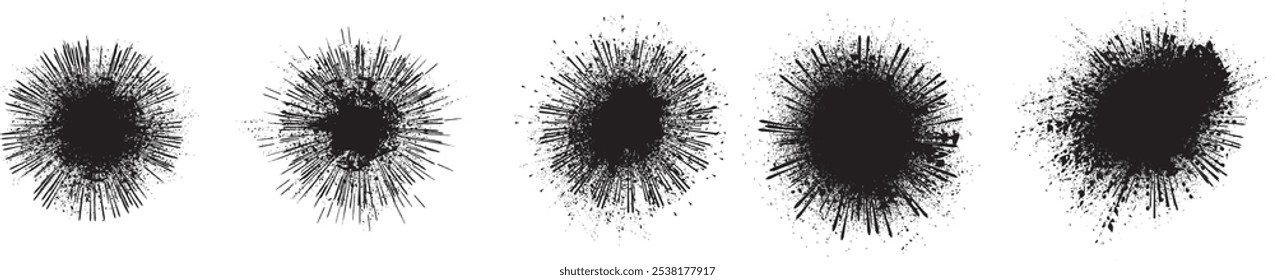 Sammlung von Tintenspritzer für Explosionseffekt .Satz von schwarzen Spray-Farbeffekt .Feuerwerk Explosionshintergrund . Starburst. Spritzen von Lacken. Sunburst-Effekt. Radiale Linien und körnige Partikel