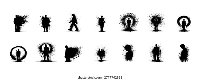 Collection of ink splatter silhouettes design, Grunge style meditation ink splashes stencil, vector illustration.