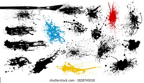 Collection of ink stains and splashes. Hand painted with brush. Drops, spilled liquid. Artistic strokes. Vector illustration