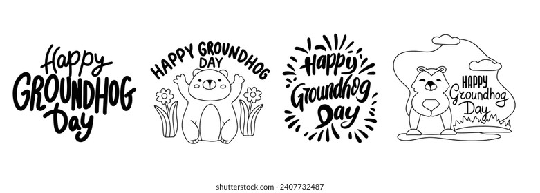 Collection of inscriptions Happy Groundhog Day. Handwriting set lettering Happy Groundhog Day concept text banner. Hand drawn vector art.