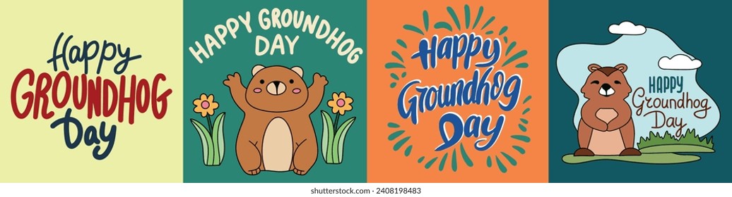 Collection of inscriptions Happy Groundhog Day. Handwriting lettering set Happy Groundhog Day. Hand drawn vector art.