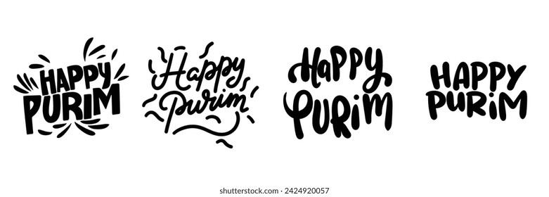 Collection of inscriptions Happy Purim. Handwriting text banner set in black color. Hand drawn vector art.