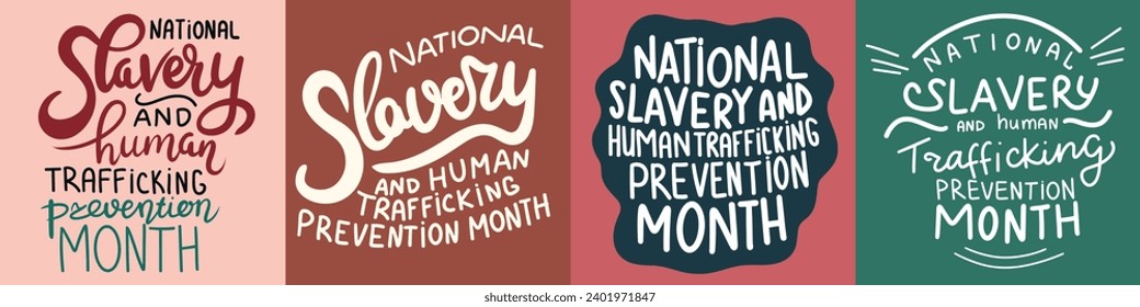 Collection inscriptions National Slavery and Human trafficking prevention Month. Handwriting text banner set National Slavery and Human trafficking prevention Month. Hand drawn vector art.