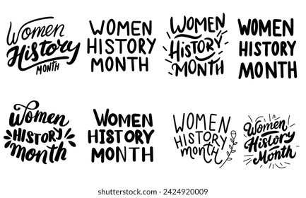 Collection of inscriptions Women History Month. Handwriting text banner set in black color. Hand drawn vector art.