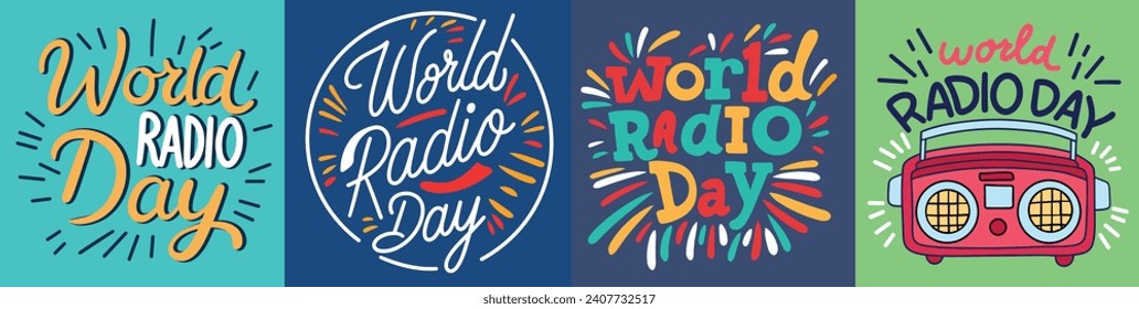 Collection of inscriptions World Radio Day. Handwriting set lettering World Radio Day concept text banner. Hand drawn vector art.