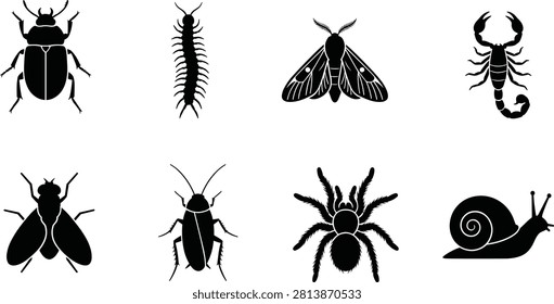Collection of insect and creature silhouette icons including beetle, centipede, moth, scorpion, fly, cockroach, spider, and snail