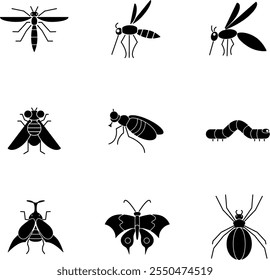 uma coleção de ícones de insetos composta por borboletas, moscas, mosquitos, lagartas e besouros