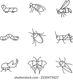 uma coleção de ícones de insetos composta por borboletas, moscas, abelhas, gafanhotos, lagartas e besouros