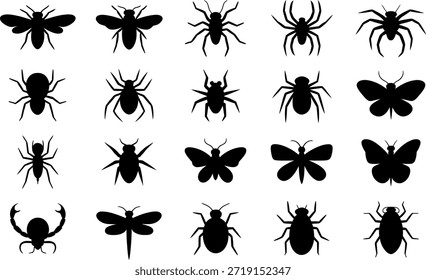 Colección de siluetas de insectos aisladas sobre fondo transparente