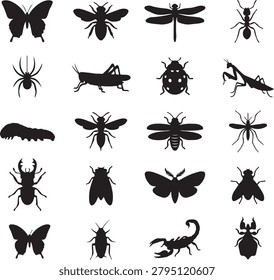 Collection of insect silhouettes, various bugs and creepy crawlies including butterflies, beetles, spiders, and scorpions, set