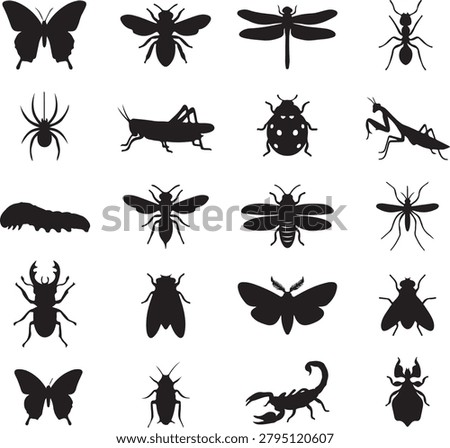 Collection of insect silhouettes, various bugs and creepy crawlies including butterflies, beetles, spiders, and scorpions, set