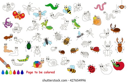 The collection of insects to be colored. Coloring set for children. Visual educational game. Easy kid gaming. Simple level of difficulty.