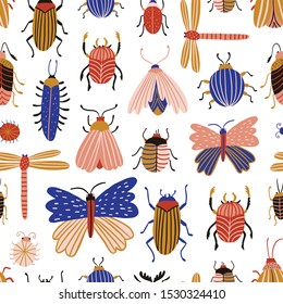 Collection of insects. Butterflies, dragonflies and beetles isolated on the white background. Seamless pattern design for fabrics or wallpapers. Vector  Illustration.