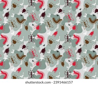 Collection of insects. Butterflies, dragonflies and beetles. Seamless pattern. Vector doodle illustration  