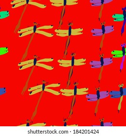 Collection of insects, fine colored dragonflies on a red background. Pattern.