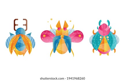 Collection of Insects, Front View of Cute Beetles Cartoon Vector Illustration