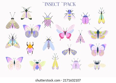 Collection of insects, moth, butterfly and bugs. Editable vector illustration.