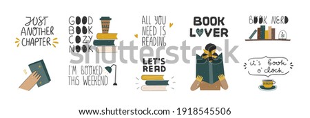 Collection of inspirational handwritten quotes. Books lover, reeding books, readers concept. Bundle of decorating clip art isolated. Vector hand drawn illustration.
