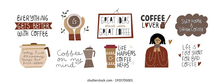 Collection Of Inspirational Handwritten Quotes. Coffee Lover, Drinking Coffee Concept. Bundle Of Decoration Clip Arts Isolated. Vector Hand Drawn Cartoon Illustration.