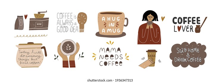 Collection Of Inspirational Handwritten Quotes. Coffee Lover, Drinking Coffee Concept. Bundle Of Decoration Clip Arts Isolated. Vector Hand Drawn Cartoon Illustration.