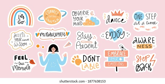 Collection of inspirational handwritten quotes in stickers. Mindfulness, self love and compassion concept. Bundle of decoration for daily planner,  diaries, scrapbooking isolated. Vector lettering.