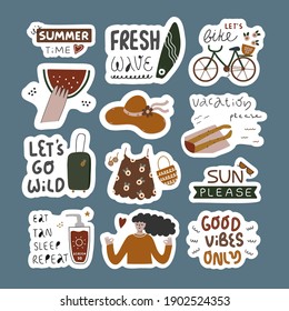 Collection of inspirational handwritten quotes and summer elements in stickers. Summer vacation concept. Bundle of decoration for daily planner and diaries isolated. Vector lettering, vintage colors.