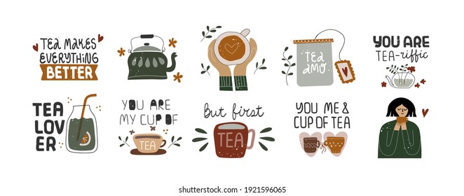 Colección de citas escritas a mano inspiradoras. Amante del té, concepto de té. Un conjunto de decoración recorta el arte aislado. Ilustración de dibujos animados a mano del vector.