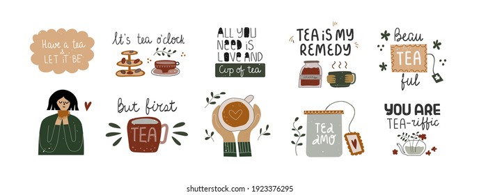 Collection of inspirational handwritten quotes. Tea lover, drinking tea concept. Bundle of decoration clip art isolated. Vector hand drawn cartoon illustration.