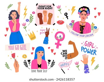 collection of inspirational quotes, cute women and feminism illustration for International Women's Day