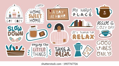 Collection of inspirational quotes and scenes in stickers. Stay home, cozy home, hygge, self love concept. Bundle of decoration for daily planner, diaries, scrapbooking isolated. Vector cartoon.