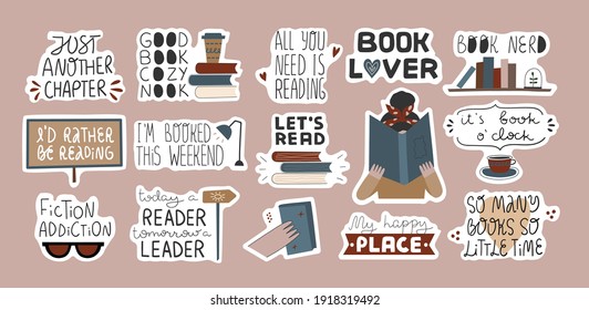 Collection of inspirational quotes in stickers. Books lover, reeding books, readers concept. Bundle of decoration for daily planner, journal, scrapbook. Vector hand drawn cartoon illustration.