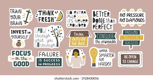 Collection of inspirational quotes in stickers. Success, growing concept. Bundle of decoration for daily planner, journal, scrapbook. Vector hand drawn cartoon illustration.