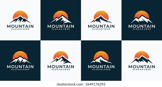 collection of inspirational sets of Sunset silhouettes over mountain peaks vector logos.