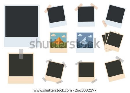 A collection of instant photo frames, some blank, some with mountain landscapes, arranged creatively.