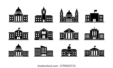 Collection of institutional edifices and civic structures rendered as simple outlines. Useful for legal governmental or educational concepts.