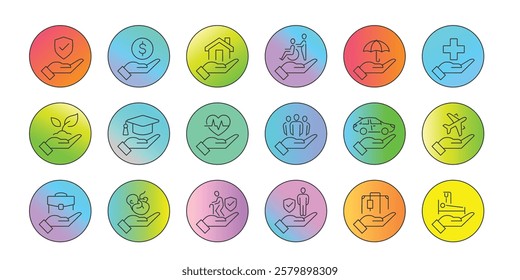 Collection of insurance icon illustrate with people hand, shield, insurance service, safety and accident protection. Flat vector illustration, isolated on white background. Editable stroke.