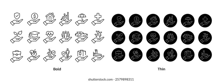 Collection of insurance icon illustrate with people hand, shield, insurance service, safety and accident protection. Flat vector illustration, isolated on white background. Editable stroke.